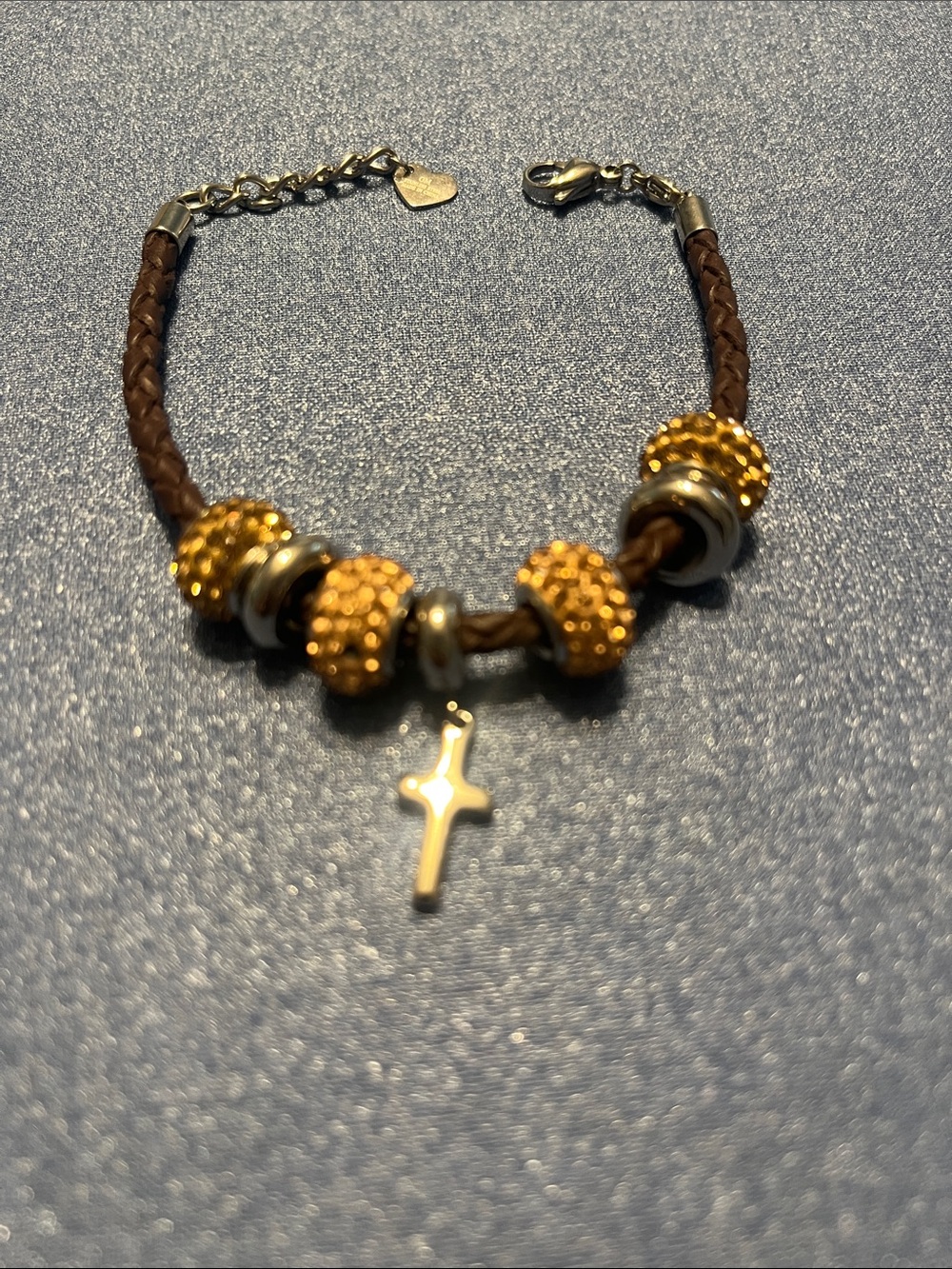 Brown Braided Leather Bracelet with Gold Beads and Cross Charm